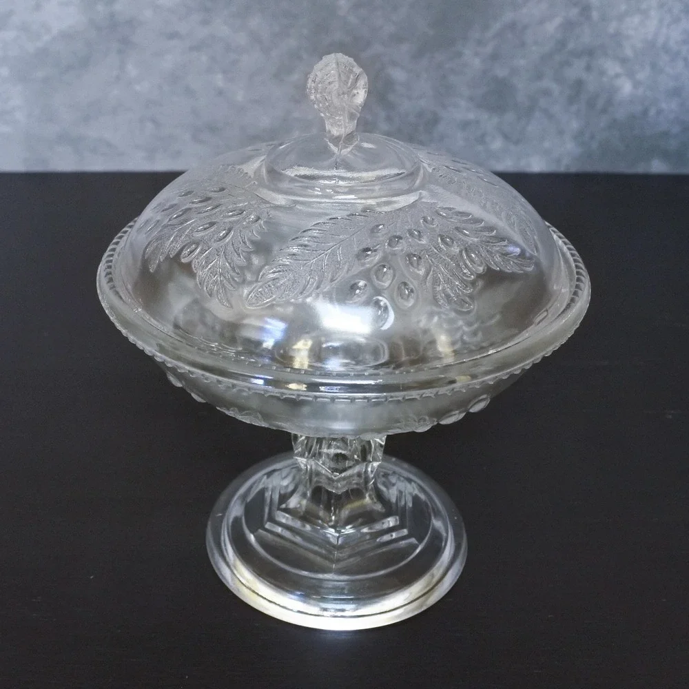 Antique 1870s McKee & Bros American Pressed Glass Barberry Covered Tall Compote